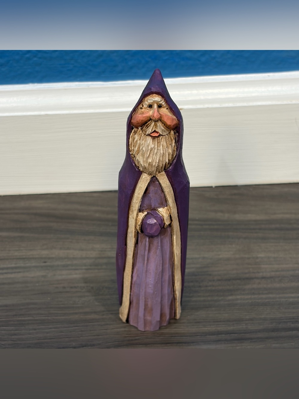 Vintage 1991 AS-TCC Carved Wood Old Man Santa Wizard Figure Purple Outfit